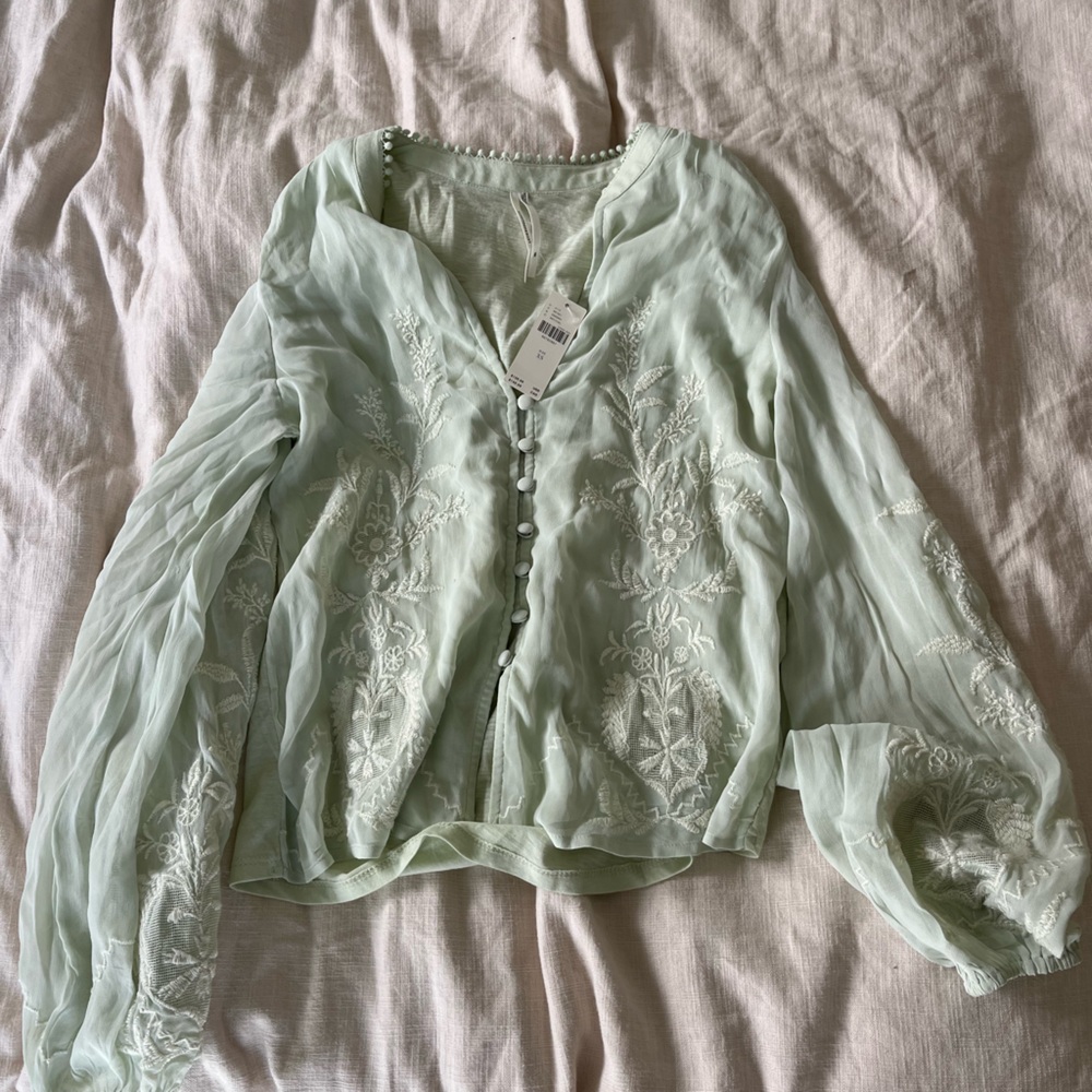 Anthropologie Mint Green Embroidered Top